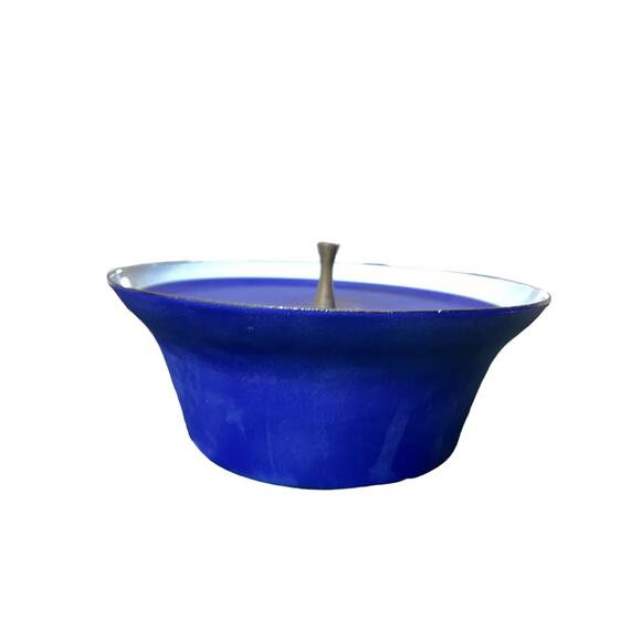 10" MCM Matte Blue Casserole Dish/Cooking Pot with Gold Sputnik Handle - Picture 2 of 9